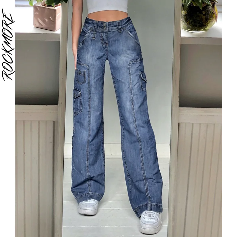 

Rockmore Low Waist Wide Leg Jeans Pockets Cargo Pants Women Aesthetic Denim Trousers Streetwear Mom Boyfriend Straight Jean