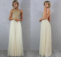 shiny champagne gold sequins prom dresses cheap long jewel neck backless formal evening gowns women special occasion dress