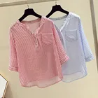 Блузка для женщин; Модная обувь для отдыха; С v-образным вырезом на пуговицах в полоску с коротким рукавом Рубашка блузка Рубашка в ретро стиле, осенняя полосатая Рубашка 2020; Пальто; Рубашка