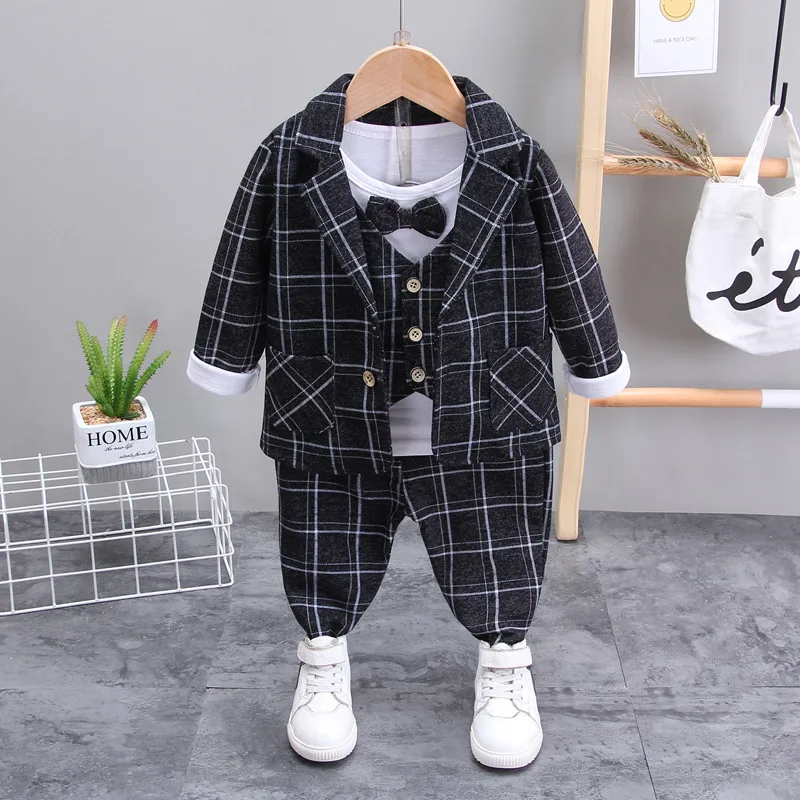 

Baby Boys Spring Autumn wedding Cotton Clothes Kid Shirts Plaid suits blouses Pants 3Pcs/sets Infant Children Toddler formal set
