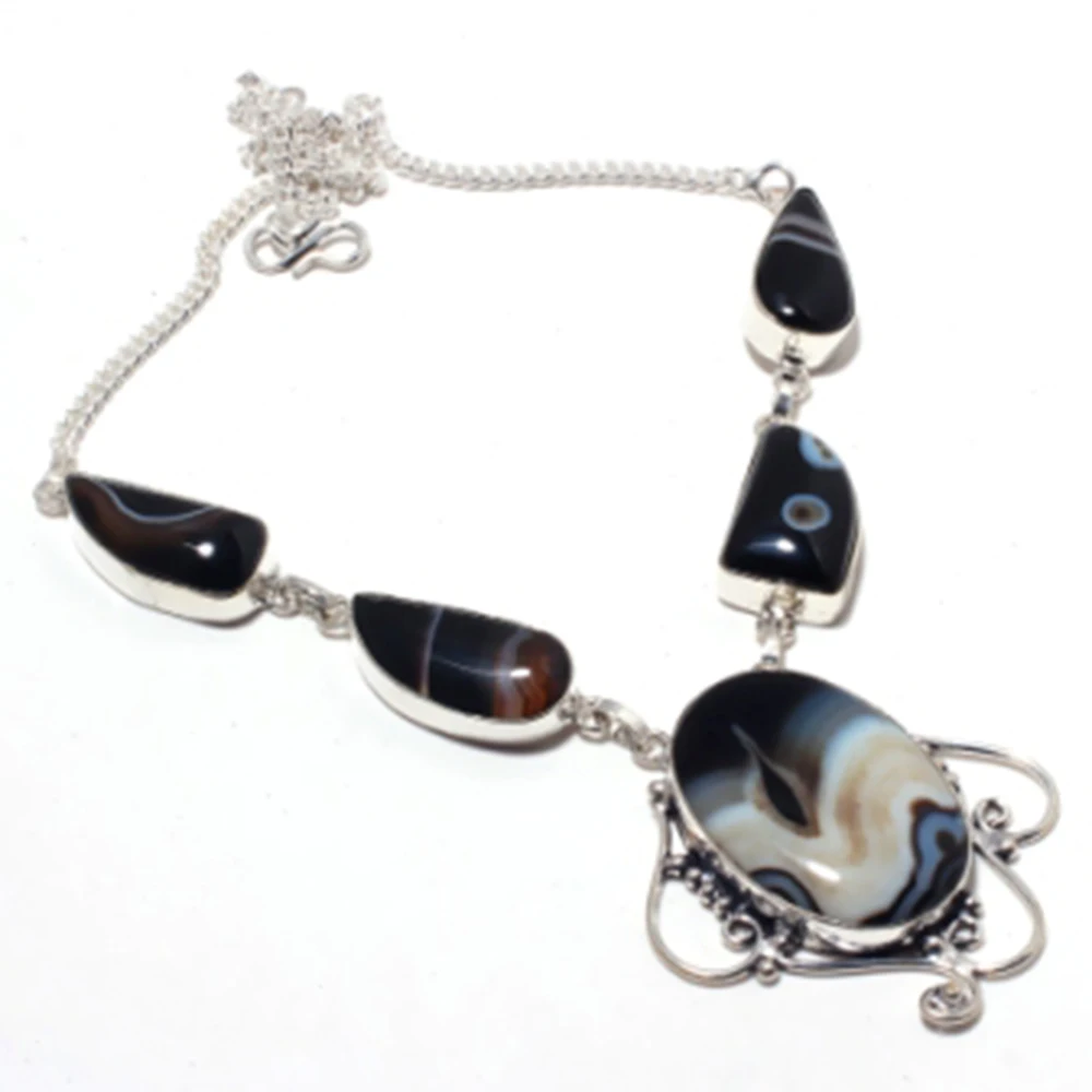 

Black Botswana Agate Necklace Silver Overlay over Copper, 48.6 cm, N4123