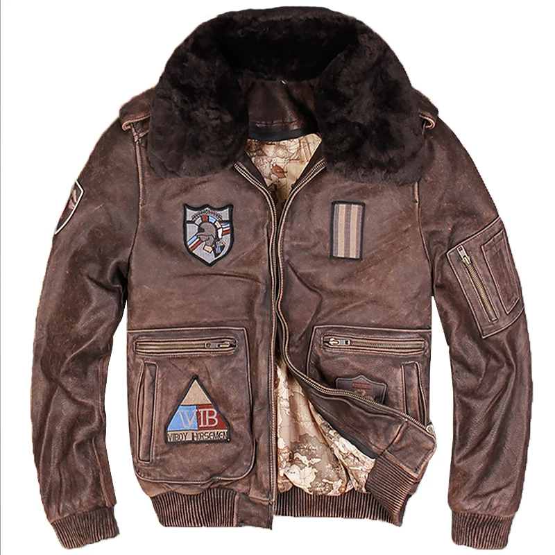 

2020 Men Vintage Brown Genuine G1 Leather Pilot Jacket Wool Collar Real Thick Cowhide Winter Flight Leather Coats S-XXXL