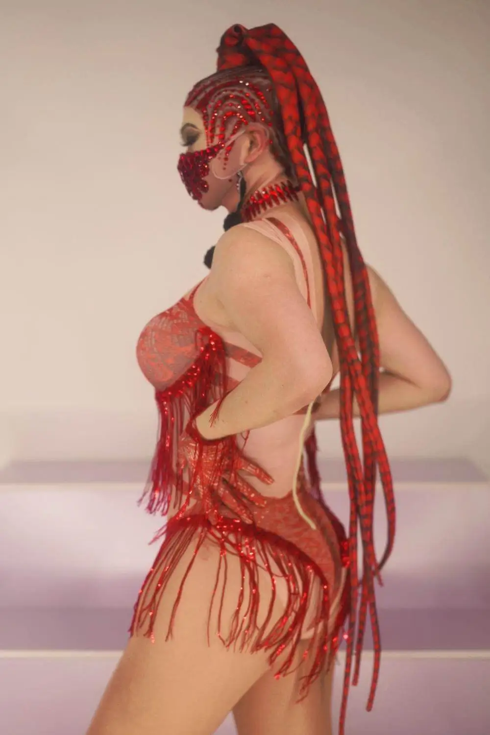 Women Tassel Bodysuit Red Stretch Sleeveless Skinny Leotard Stage Wear Sexy DJ Nightclub Bar Pole Dance Costume Fringes Jumpsuit