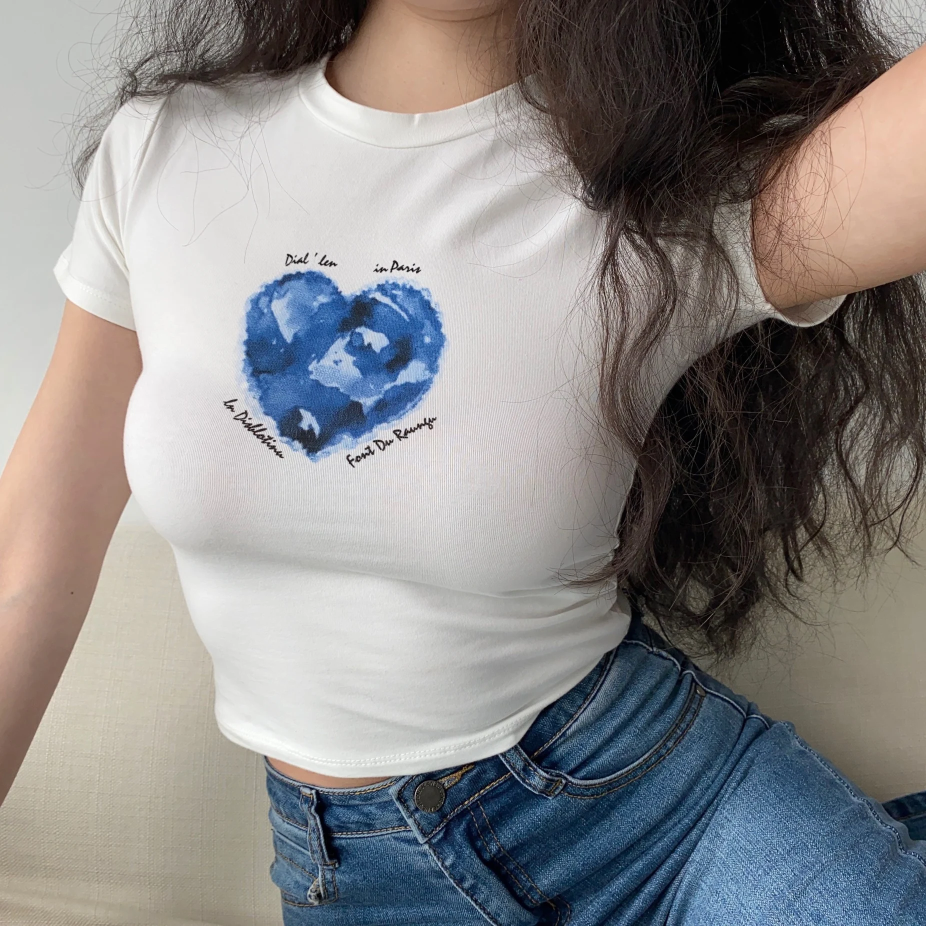 

Домашние синий любовь Круглый воротник тонкий белая футболка с короткими рукавами женский