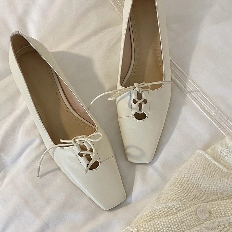 

Sweet Low Heels Pumps Genuine Leather Shoes For Women lace up Female Fashion Spring Basic Shoes black white