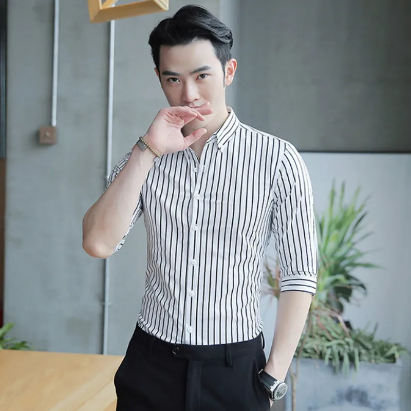 

New Striped Shirt Men's Business Casual Slim Dress Shirts Middle Sleeve Youth Handsome Streetwear Social Shirt Camisa Masculina