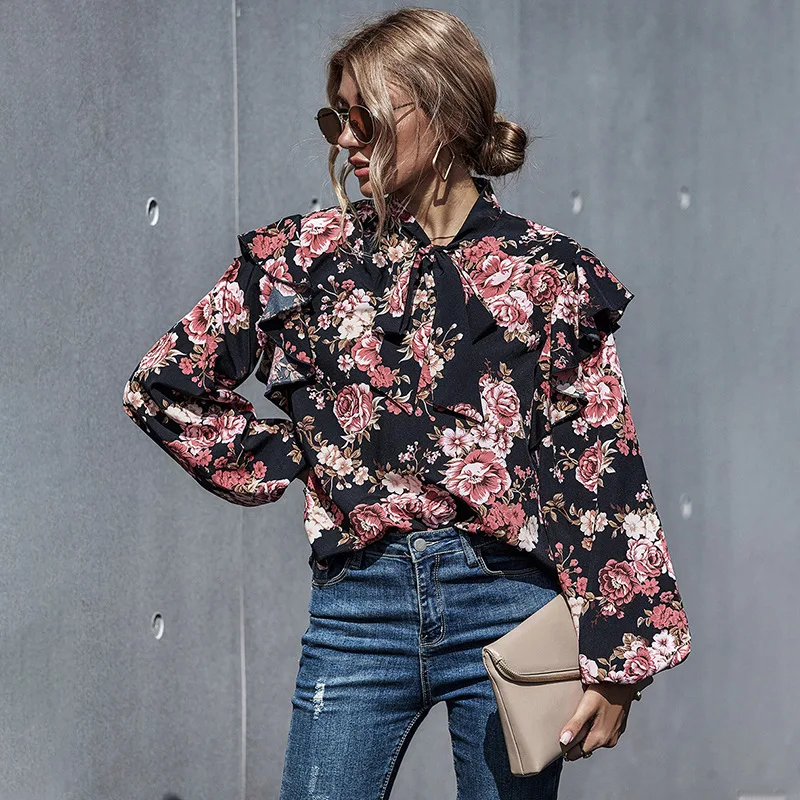 

Faddish Blouse Women Casual Loose Patchwork Bow Ptinting Polyester Shirt Women Stand Neck Puff Sleeve Tops for Women Spring 2021