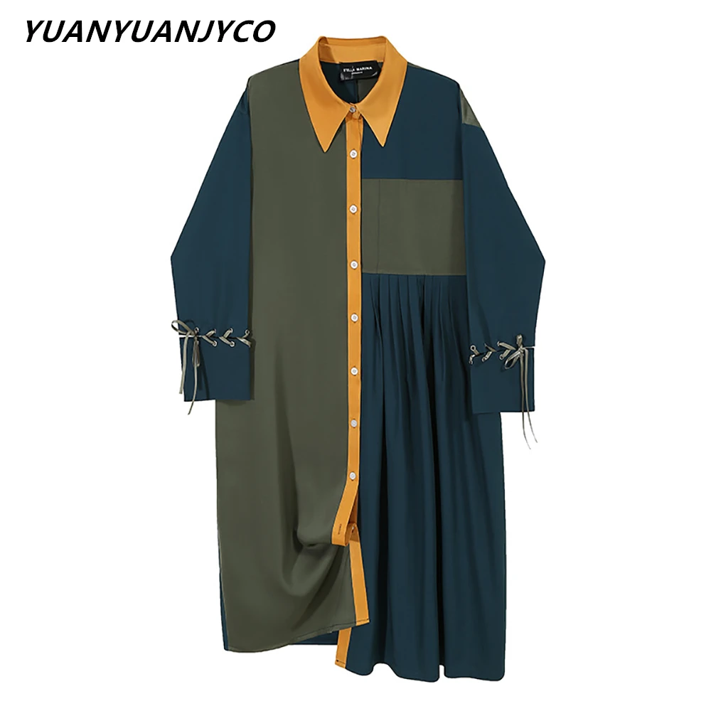 

YUANYUANJYCO, весна-осень, женские платья-рубашки средней длины, модная Асимметричная Лоскутная плиссированная одежда со шнуровкой и длинным рук...