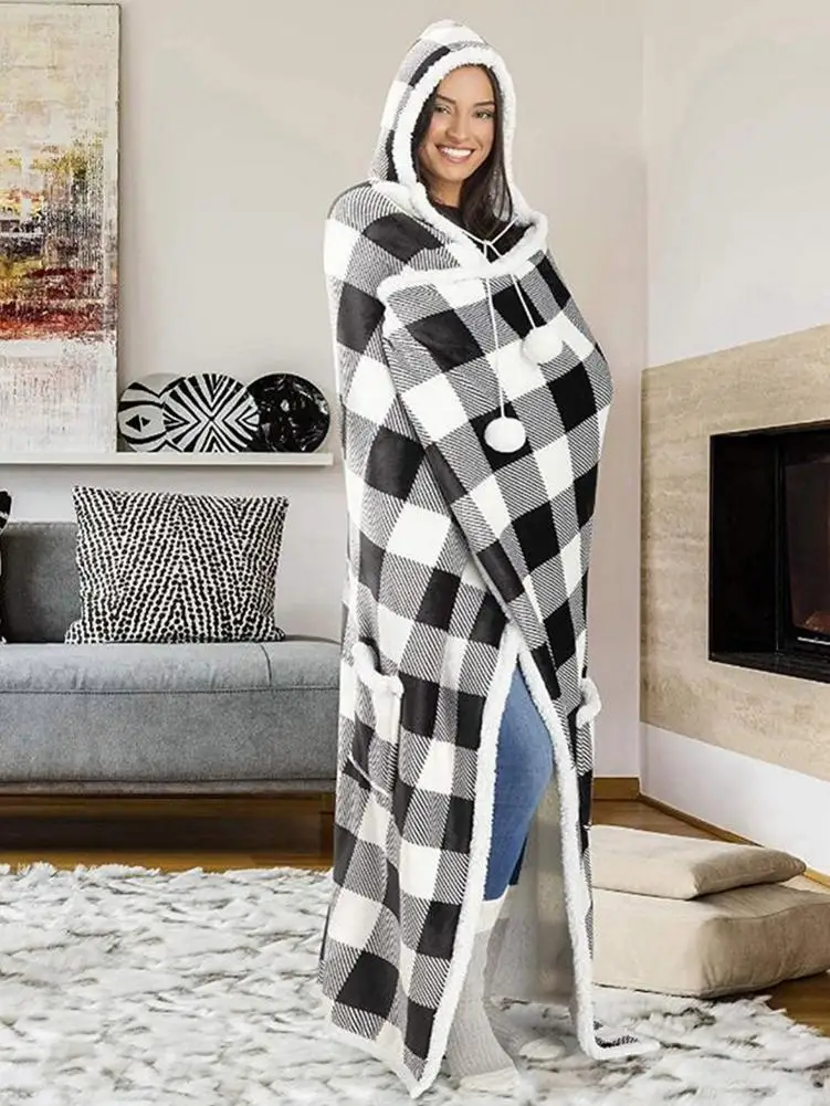 

Одеяло с капюшоном, утепленная и длинная теплая куртка, повседневное одеяло в красно-черную клетку с принтом, рождественское одеяло для дом...