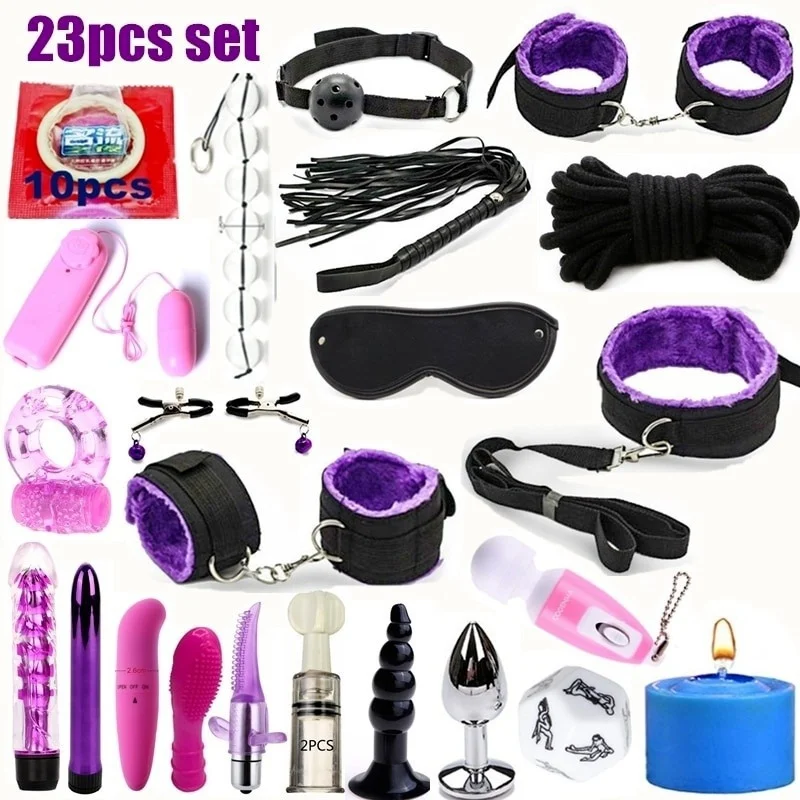 

8-23 PCS Dildo Vibrator Anal Plugs Handcuffs Whip Nipples Clip Blindfold Breast Pump BDSM Game Adult Toys Kit For Couples Kit