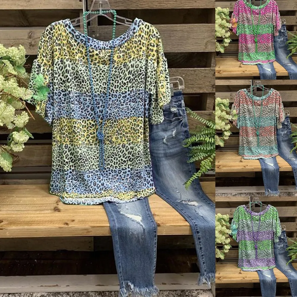 

2021Summer Hot Sale Leopard Printed Round Neck T-shirt Tops Fashion Large Size Women's Casual wild Short Sleeve Loose T-shirt