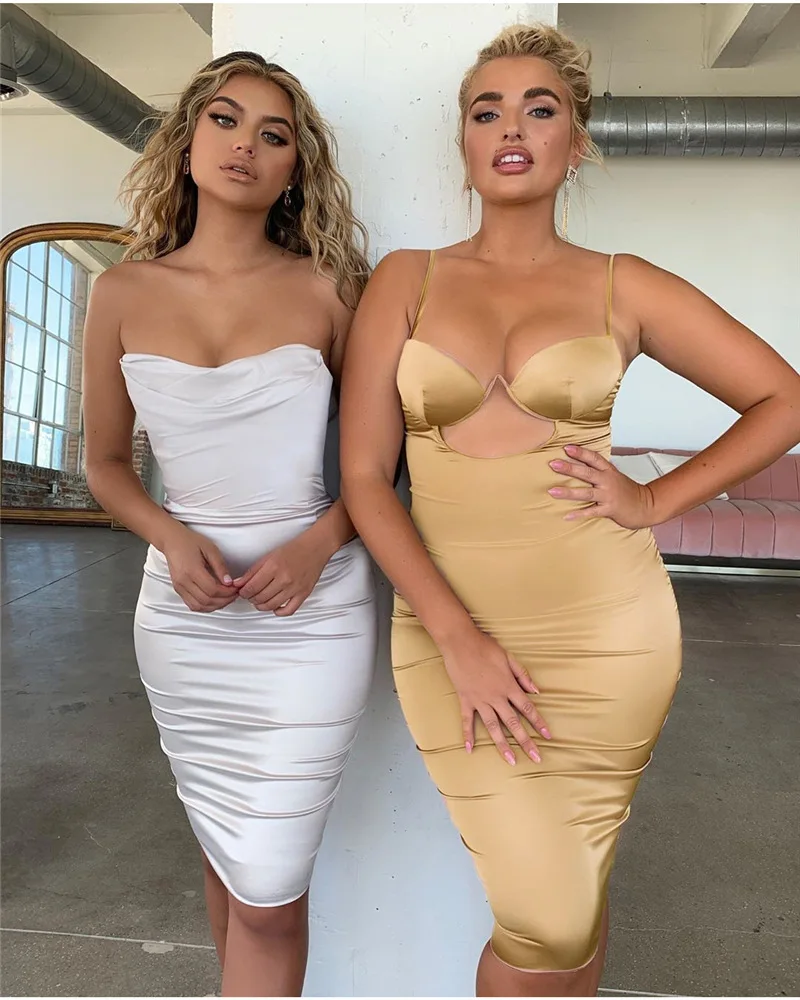 

Sexy Satin Dress Women 2020 Summer Spaghetti Strap Sleeveless Backless Midi Dresses Elegant Hollow Out Bodycon Vestidos Dresses