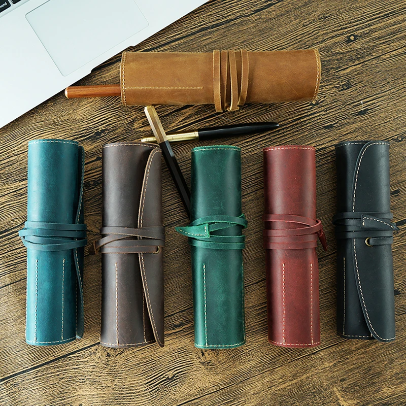 Genuine Leather Pencil Case Roller Blind Pen Cowhide Pencil Case Men And Women College Student Stationery Bag Pencil Case