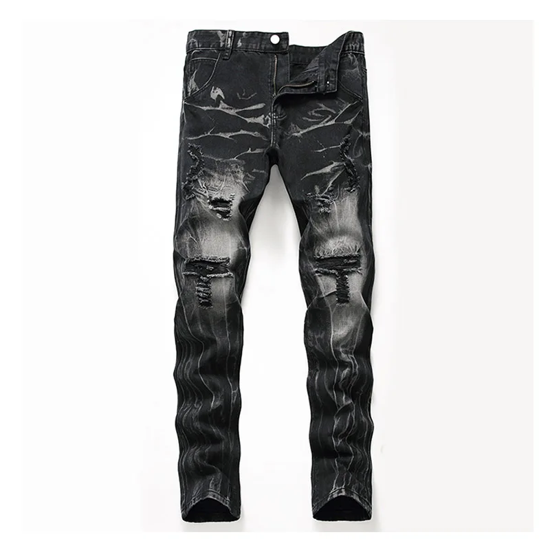

2021 High Quality Men Ripped Holes Jeans Pants Straight Washed Streetwear Denim Trousers For Male Black