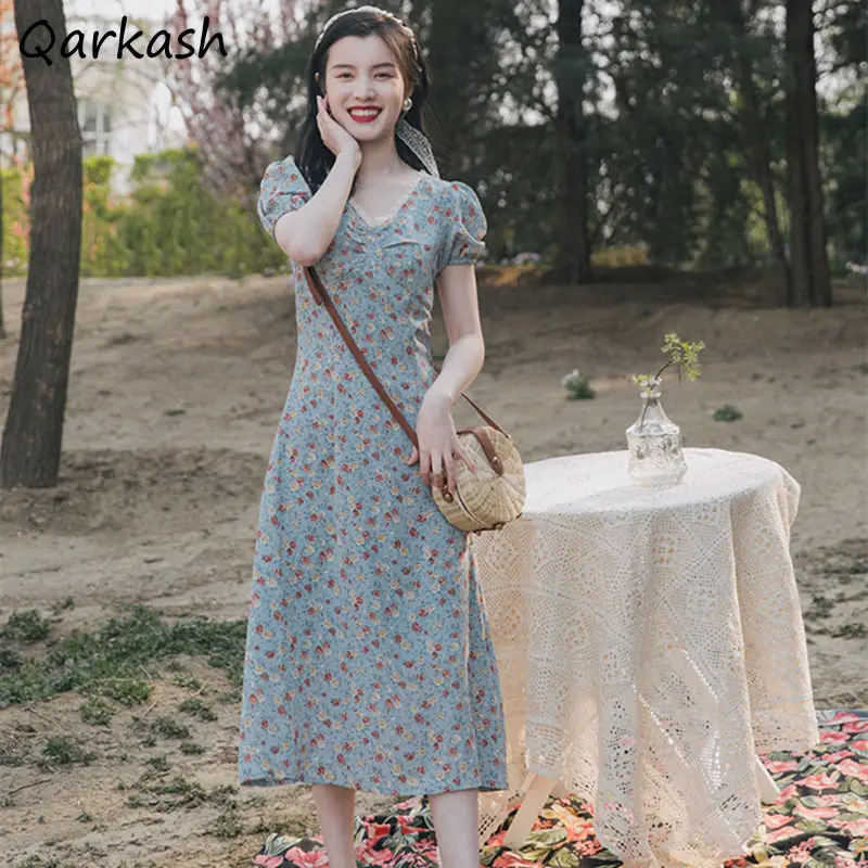 

Puff Sleeve Dress Women Elegant Retro Lace Summer Tender V-neck Leisure Daily Female Fashion Holiday High Waist Popular Soft Ins