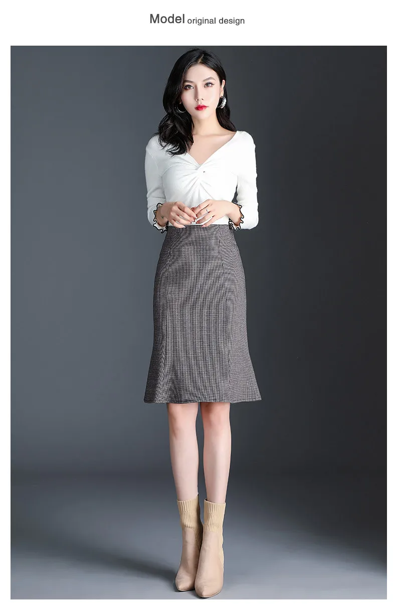 New Fall Winter Knit Skirt Women Gray Lattice High Waist Ruffle Mermaid Skirt S-3XL Plus Size Pencil Skirt Female
