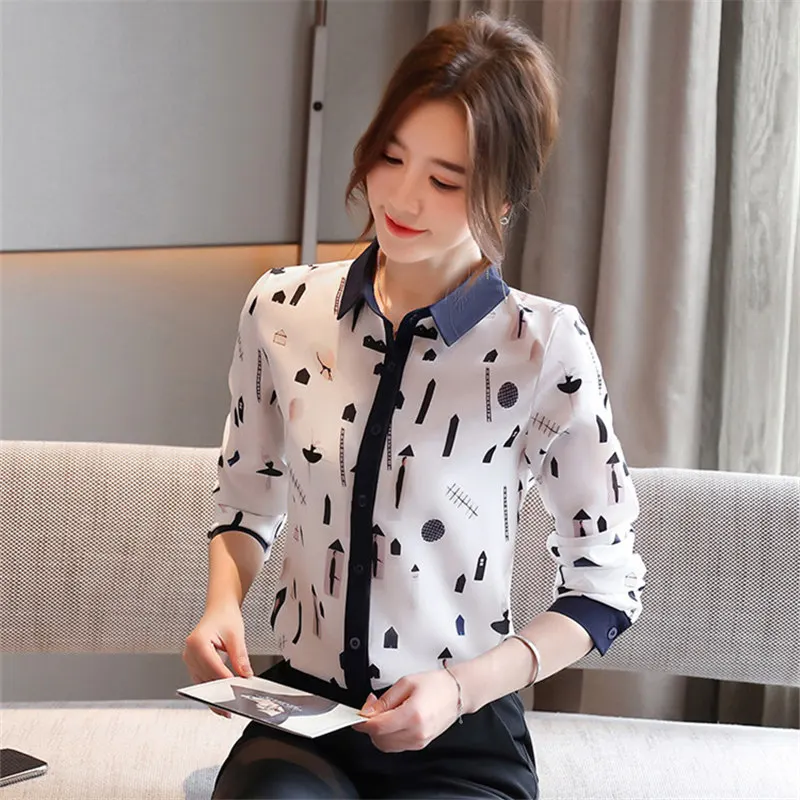 

2020 Autumn Fashion Women Tops And Blouses Long Sleeve Cartoon Print Chiffon Shirts Office Lady Polo Collar Clothes Blusas Mujer