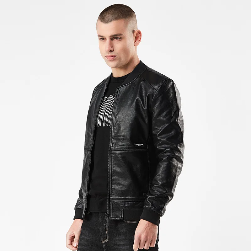 Куртка мужская из ПУ кожи приталенный Бомбер короткая байкерская куртка с