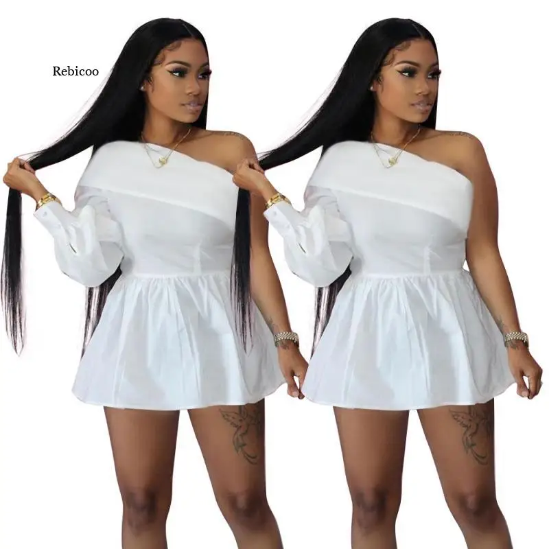 

One Shoulder Skew Neck A-Line Mermaid Women Mini Dress Basic Vintage Street Solid Dresses