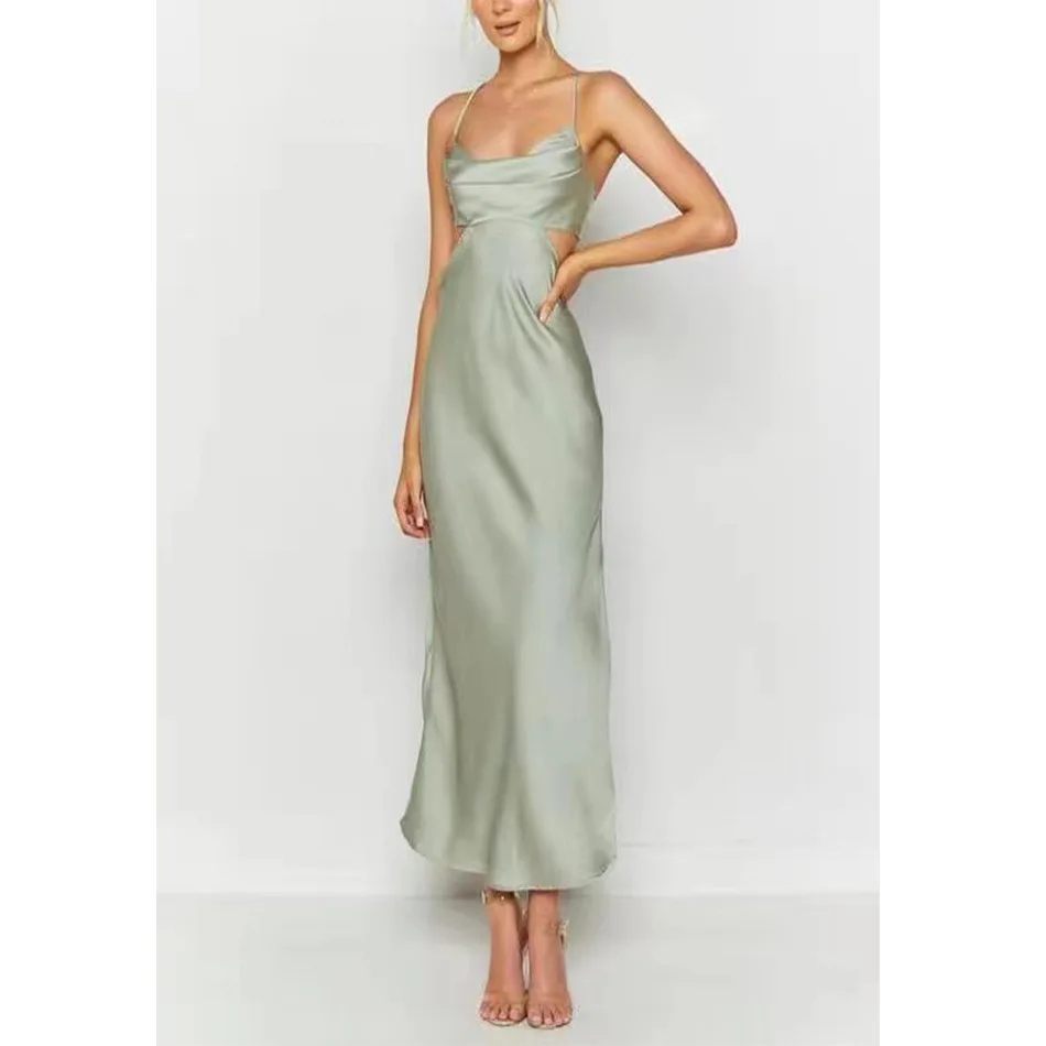 

Spring And Summer New Solid-colored Sling Dress European And American Sexy Dress Hollow Backless Long Skirt Christening Dress