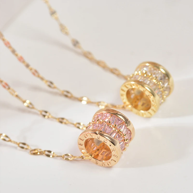 

New Korean O-Chain Hollow Gold Color Pink Crystal Stone CZ Simple Necklace for Women Gold Birthday Gift Fashion Jewelry