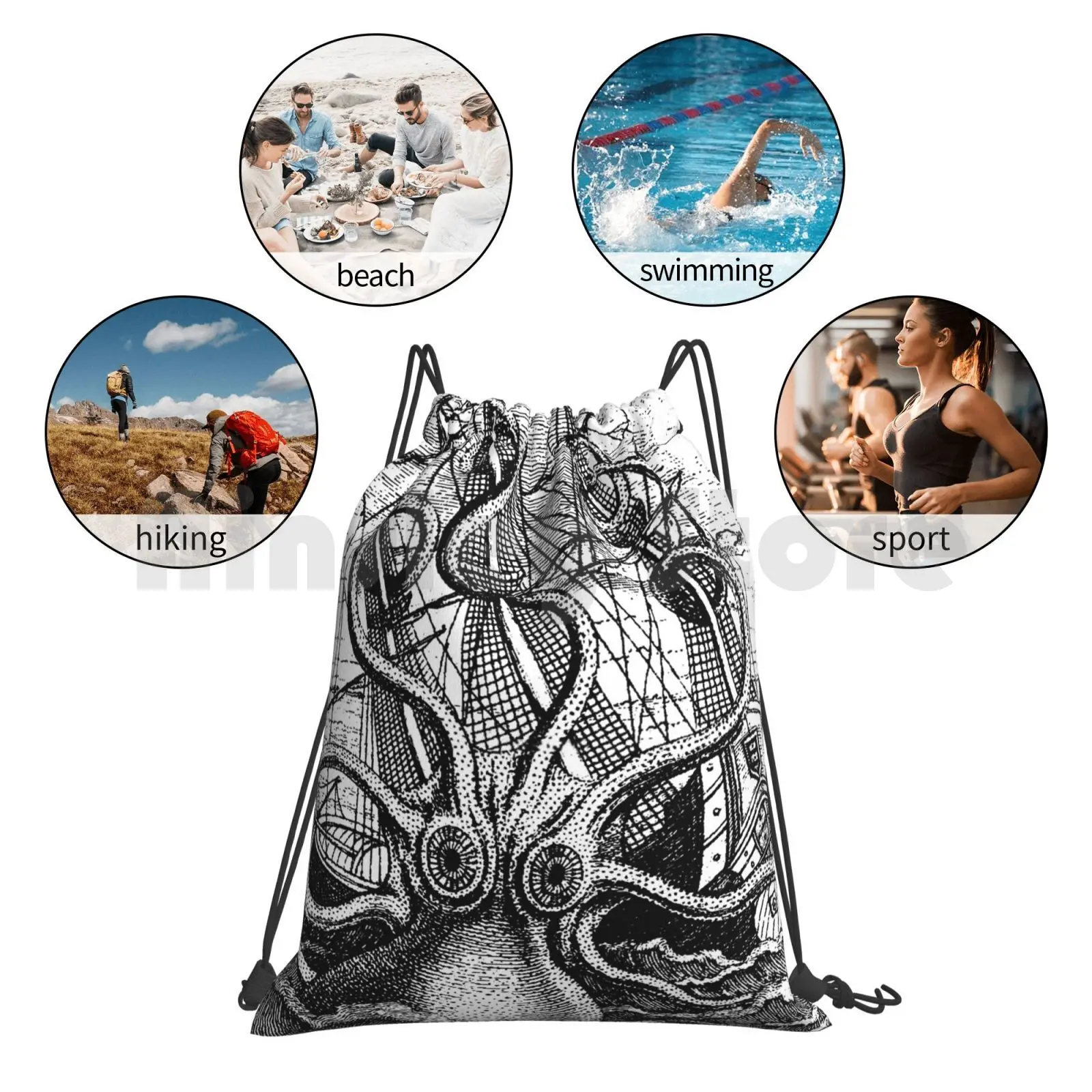 Vintage Kraken Attacking Ship Illustration Backpack Drawstring Bag Riding Climbing Gym Bag  Sea Monster Kracken Giant Squid images - 6
