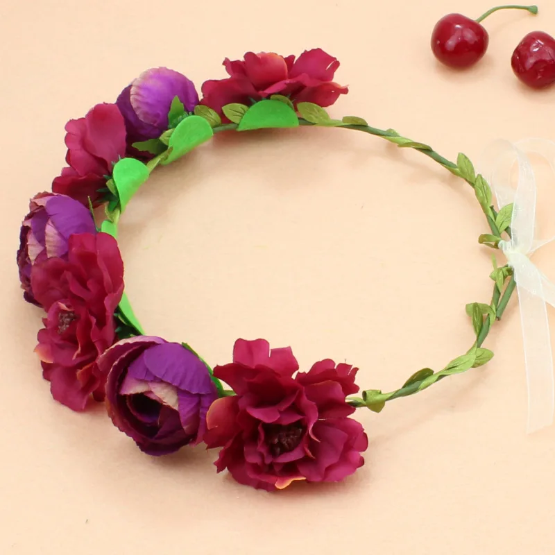 

Popular Big Red Rose Wedding Bridesmaid Bride Wreath Headband Seaside Tourism Beautiful Artificial Flower Beach Headband