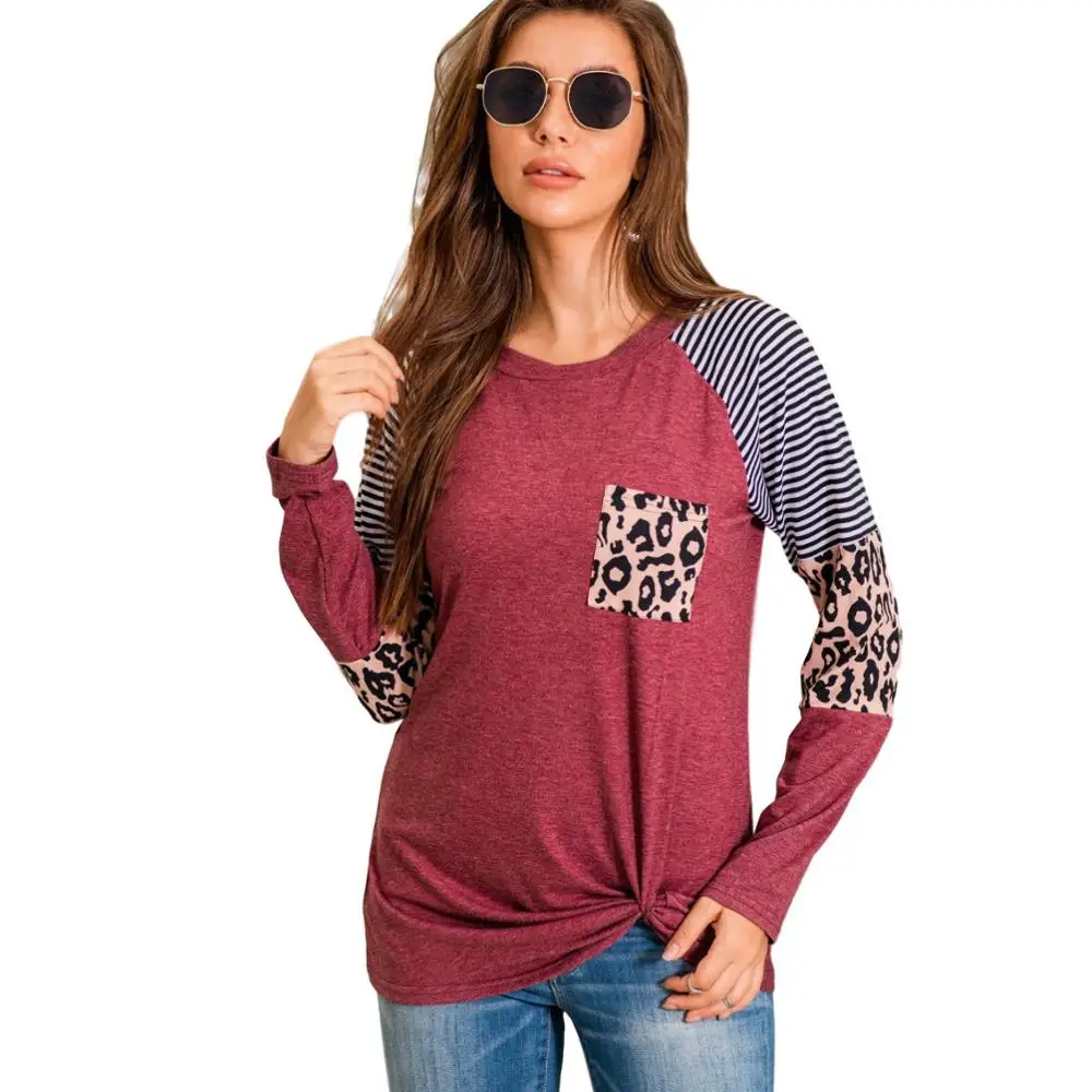 

Autumn and winter European and American women's hot style striped leopard stitching long-sleeved round neck top T-shirt