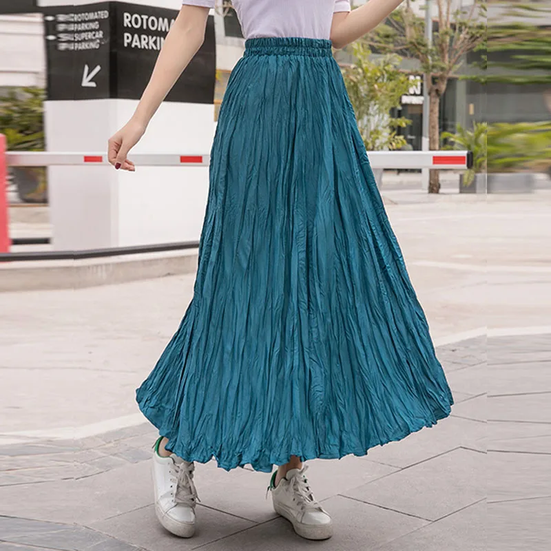 

Spring Thick Crepe Solid Maxi Long Pleated Skirt Autumn Elastic Waist Wrinkled A-line Ankle Long Skirts Blue Burgundy Coffee