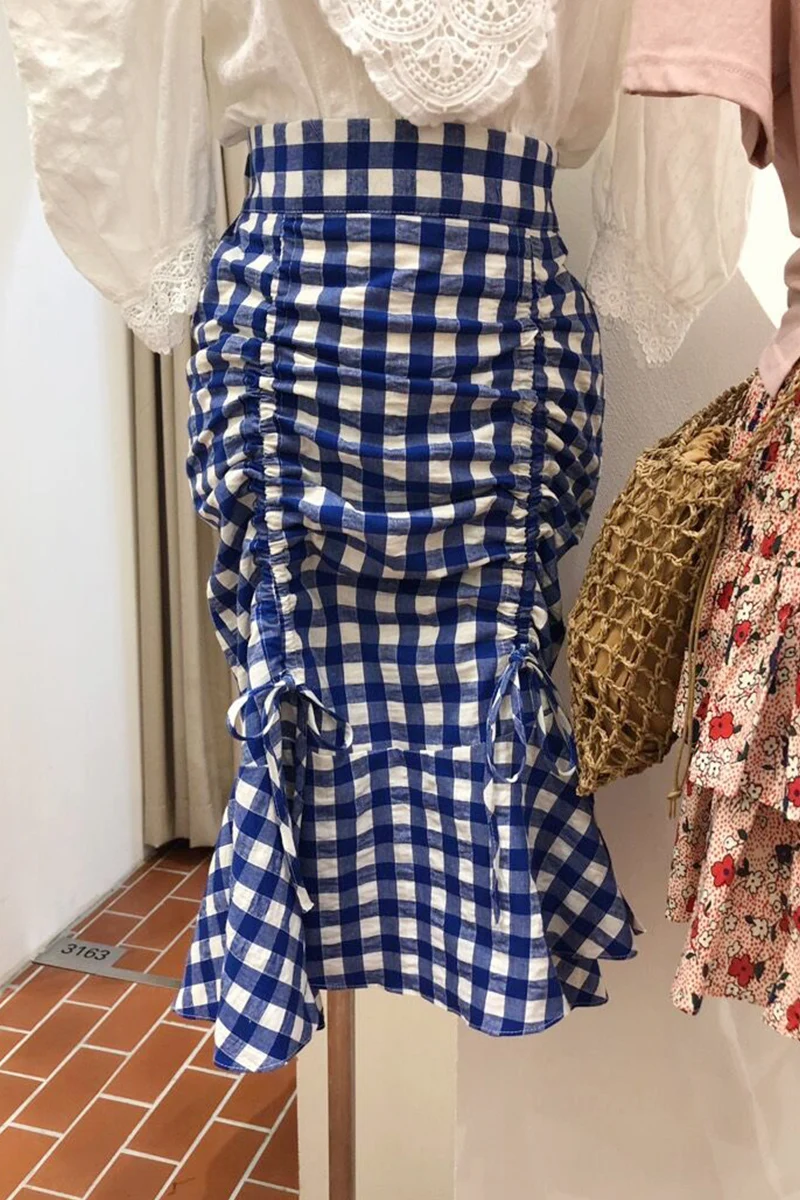 

2021 Spring New Fashion Plaid Pleated Mid-Calf Trumpet / Mermaid Skirts Womens