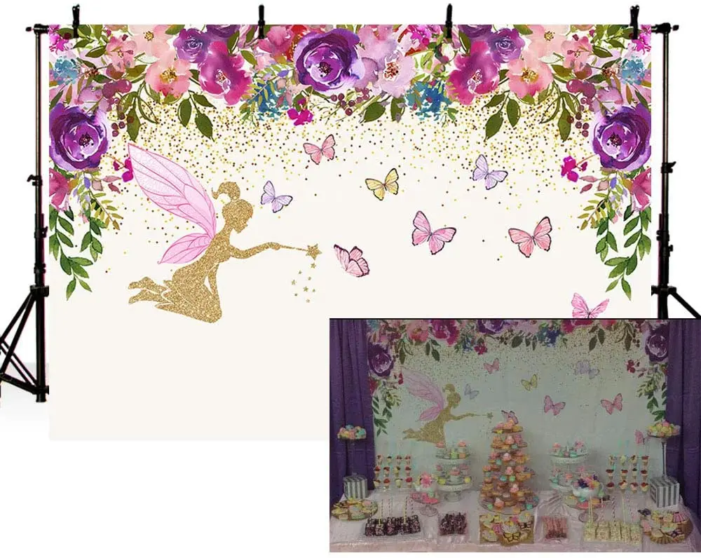 Enlarge Fairy Princess Birthday Party Photo Studio Booth Backgrounds Pink Purple Flowers Fairy Baby Shower Butterfly Girl Backdrop