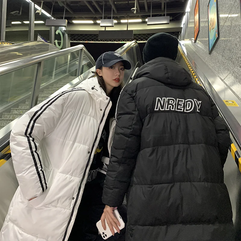Down jacket for couples  popular trend cotton padded coats  loose hooded bread dresses  mid-long wintIer clothes ins