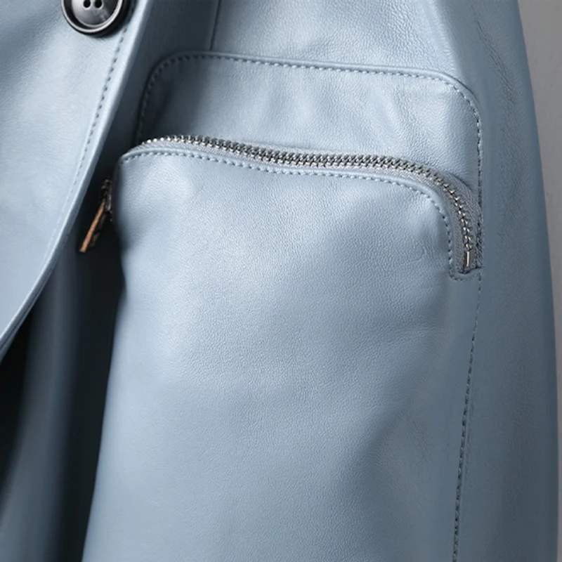 Lautaro Осенний длинный голубой кожаный тренч для женщин с поясом карманами