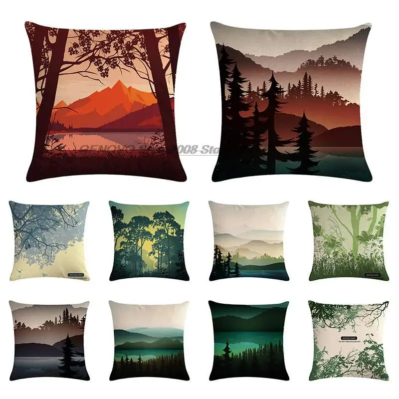 

Neue stil sunset wald muster kissen abdeckung lake vogel landschaft kissen abdeckung leinen auto stuhl sofa dekoration 45x45cm
