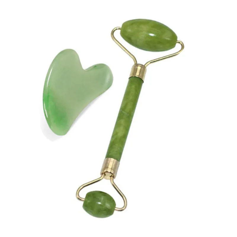 

Massage Roller Green Roller and Gua Sha Slimming Tools Set by Natural Jade Scraper Massager with Stones for Face Neck Back Care