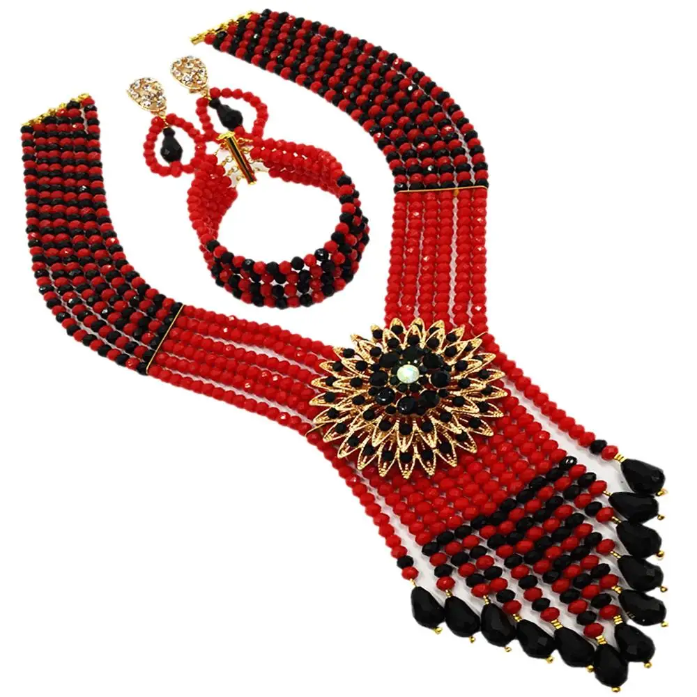 

Nigeria New Bridal Necklace Set Black Opaque red Crystal Necklace Wedding Jewelry African Wedding Birthday Party Jewelry LS-26