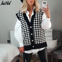 v neck women button black houndstooth cardigan 2021 long sleeve sweater autumn winter knitted loose oversized jumper casual