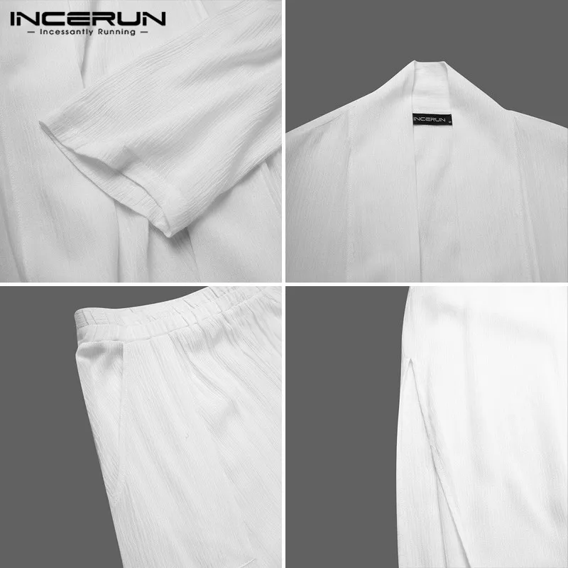 

2021 Vintage Men Sets Solid Color Long Sleeve Open Stitch Outerwear Tops Drop Crotch Pants Streetwear 2 Pieces Men Suits INCERUN