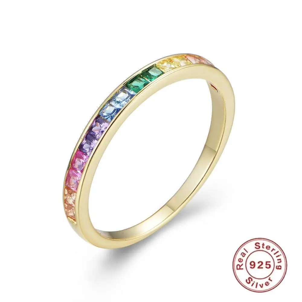 

CCFJOYAS Europen and American 100% S925 Sterling Silver Micro Inlaid Square Rainbow Zircon Wedding Ring Women Fashion Rings