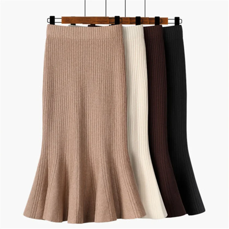 

Винтажная трикотажная юбка-годе, женская уличная одежда, зимняя облегающая Облегающая Юбка-миди с высокой талией