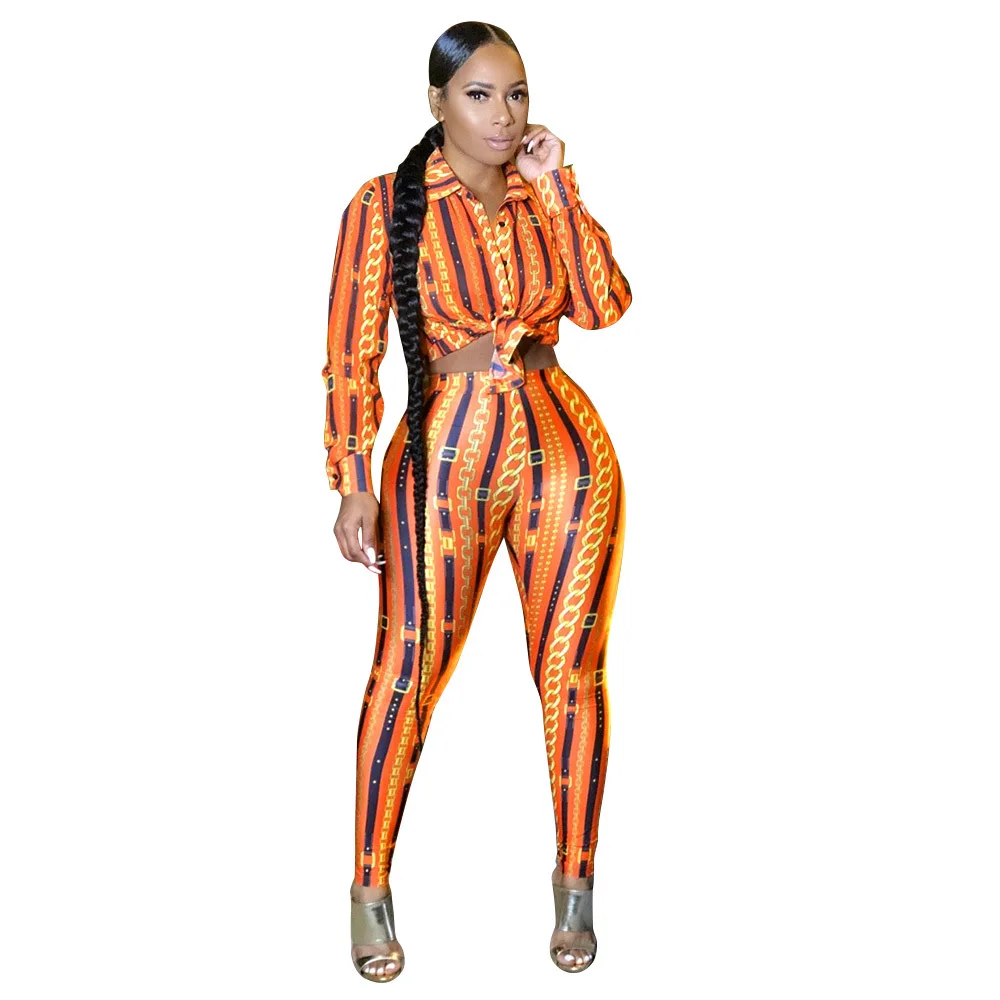 

Chain Striped Printed Vintage 2 Piece Sweatsuit Women's Outfits Turn Down Collar Long Sleeve Blouse and Pencil Pant Lounge Wear