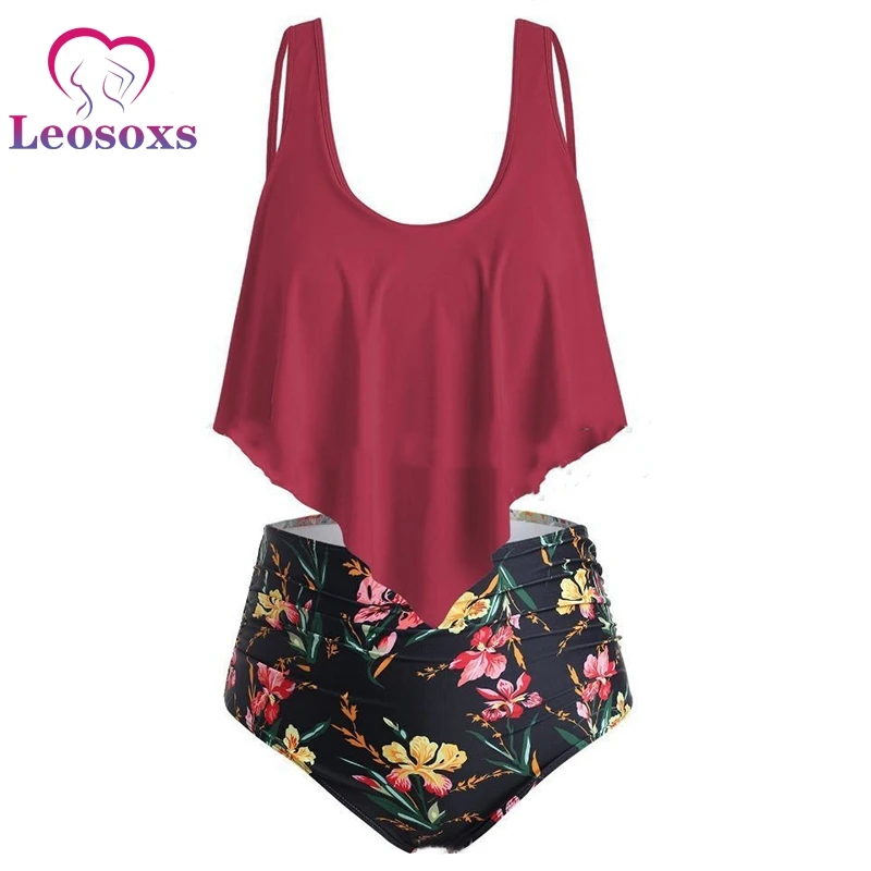 Винтажный женский купальник размера плюс с оборками высокой талией комплект