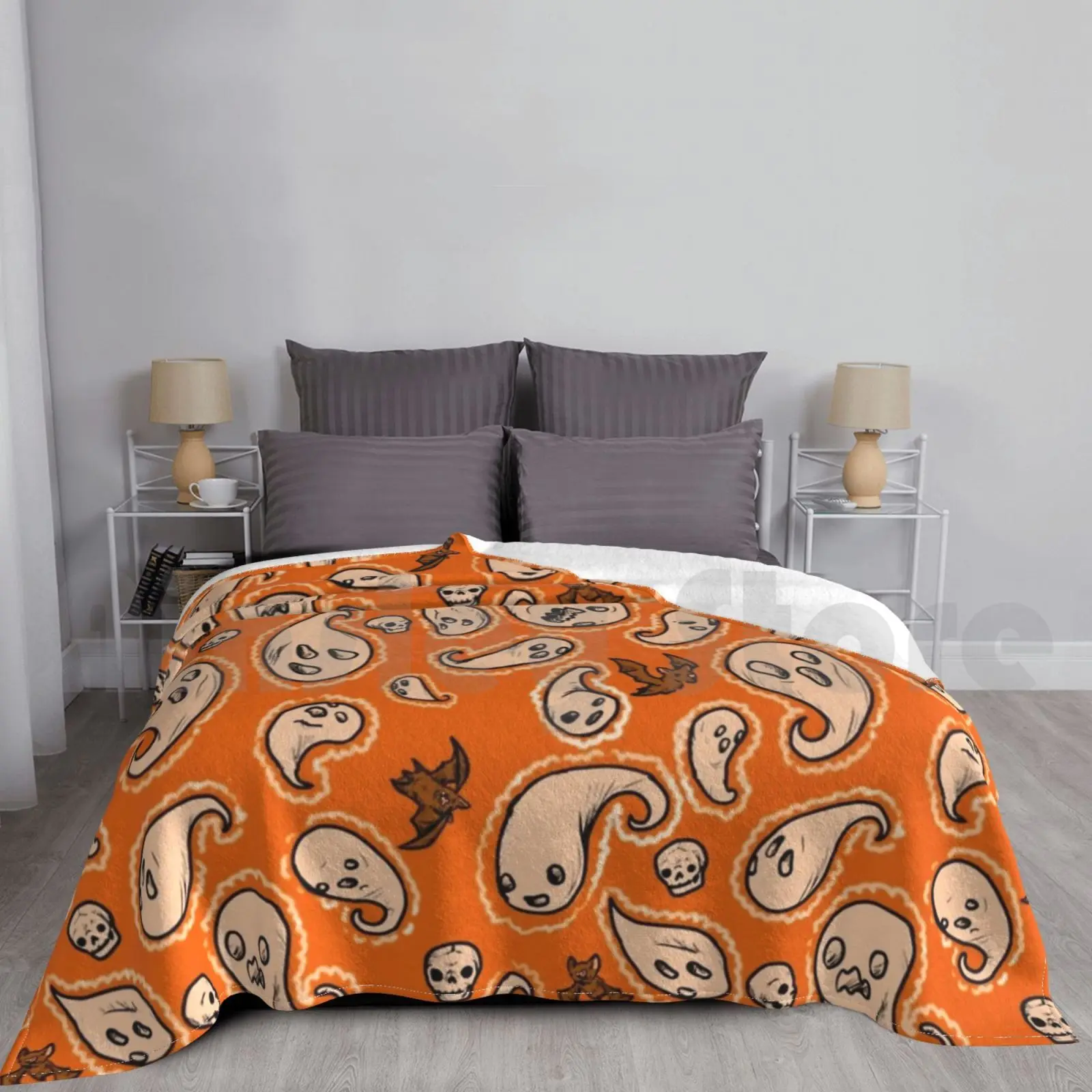 

Супермягкое теплосветильник одеяло с пейсли-призраками, легкий тонкий узор для Хэллоуина, жуткий узор, черепа летучих мышей и ушей