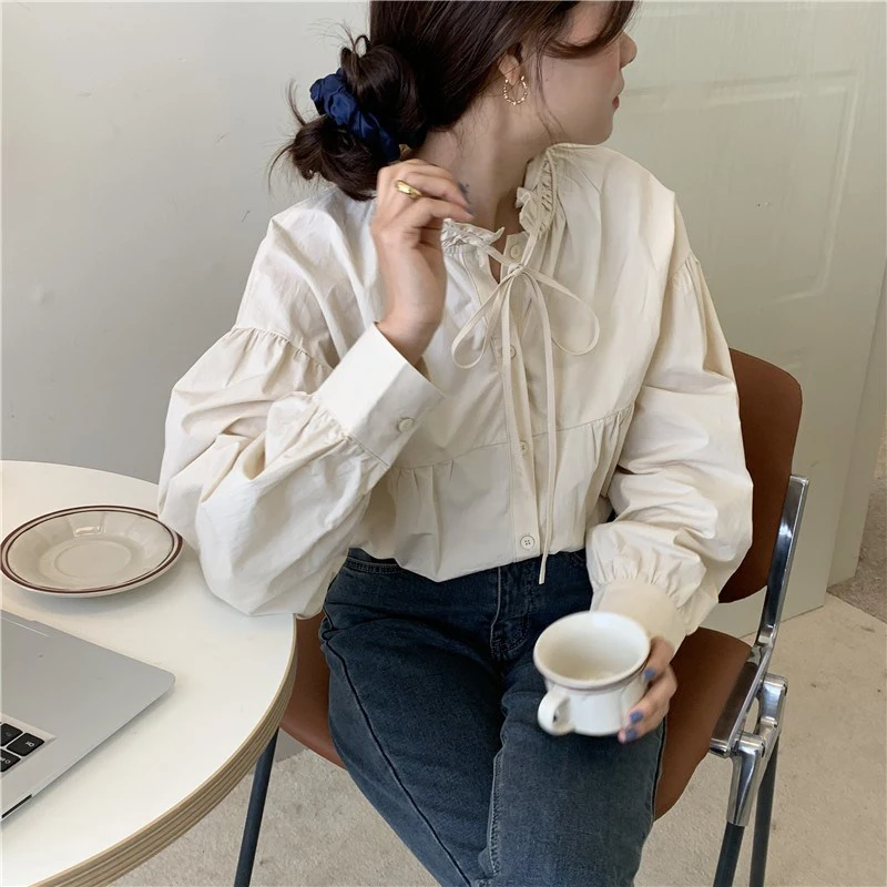 

GALCAUR Sweet Style Shirts For Women Stand Collar Lantern Long Sleeve Patchwork Lace Up White Korean Blouses Female 2020 Clothes