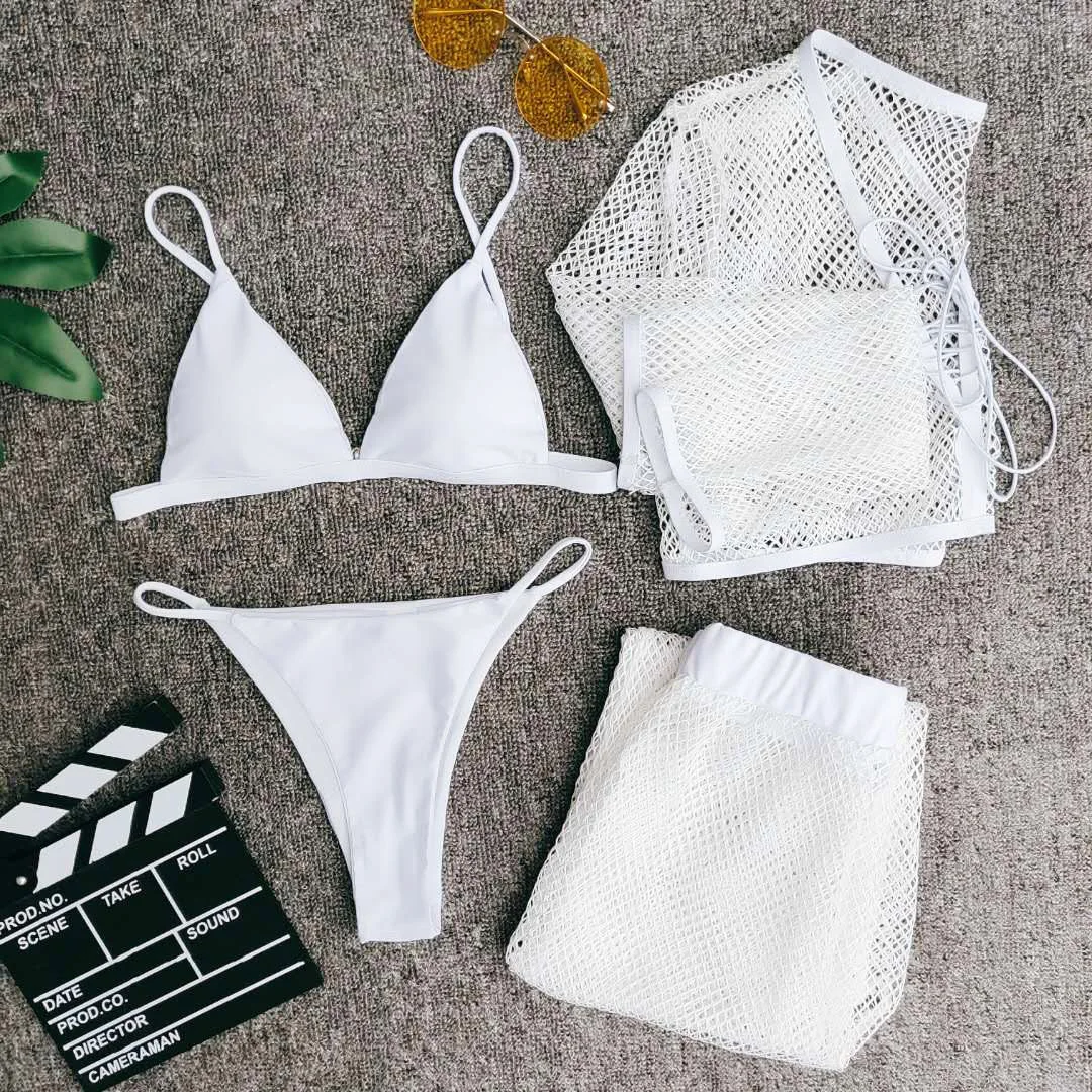 4 шт. женский купальник 2020 Пляжная накидка сетчатый прозрачный кроп-топ длинные