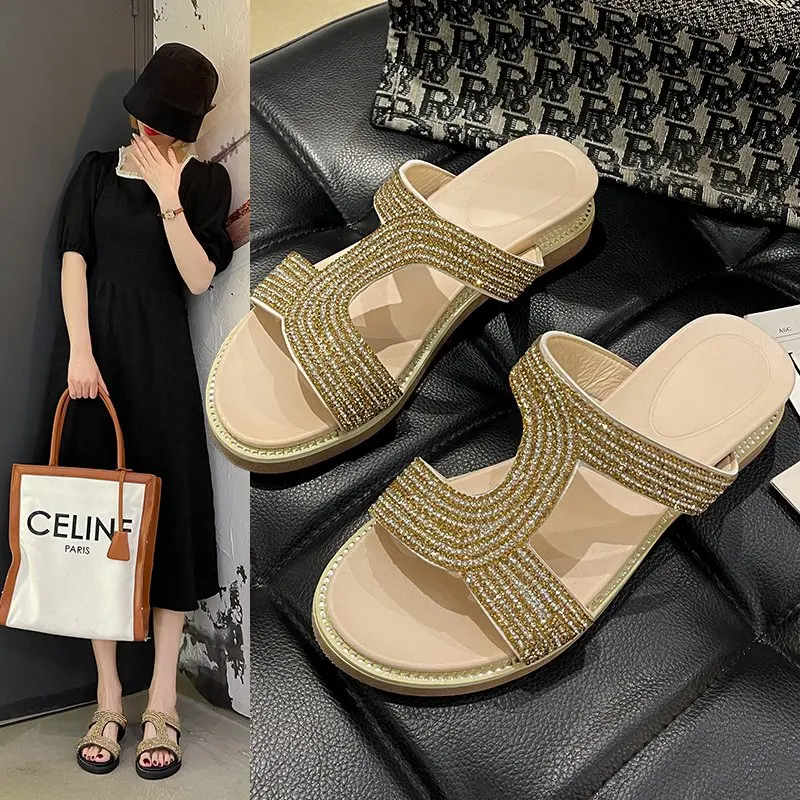 

Шлепанцы стразы женские уличные, летние пляжные модные сандалии, пикантные шлепанцы с открытым носком