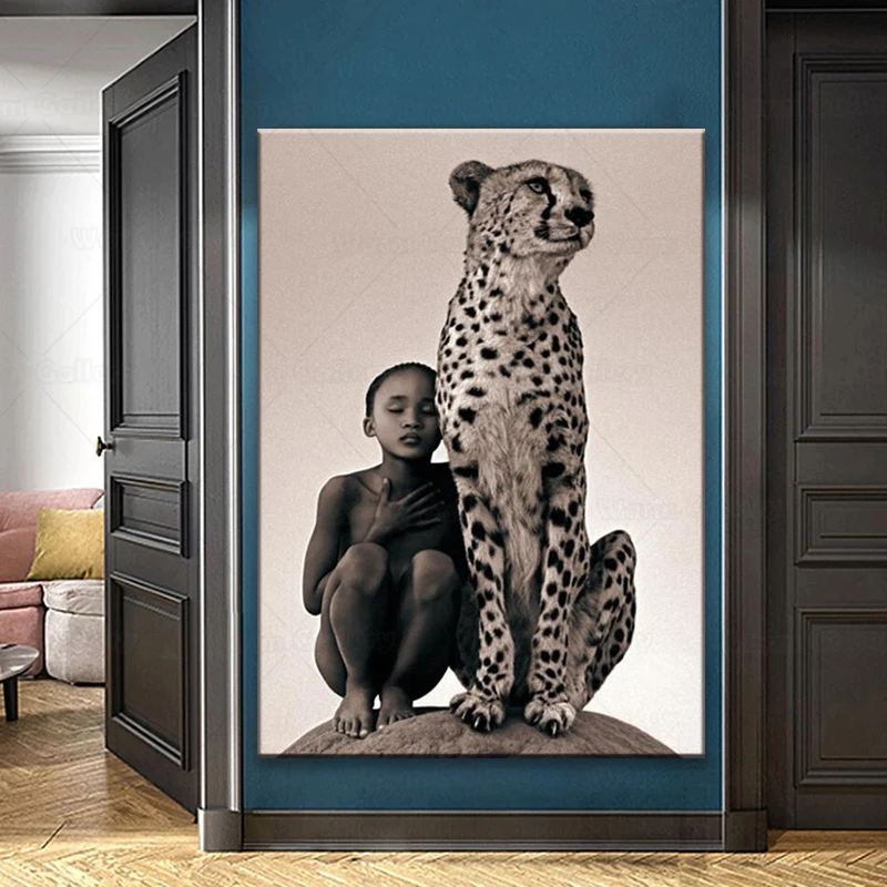 Картина на холсте мальчик и Гепард дикая африканская фотография Настенная