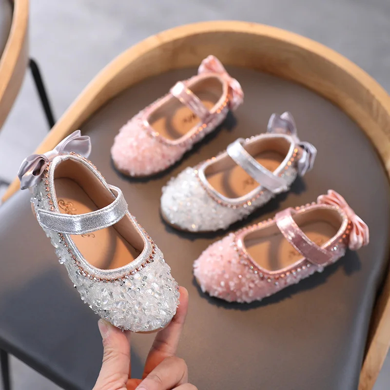 

Hot Sale Baby Leather Shoes Fashion Sequins Bow Princess Shoes Toddler Girls Children Rhinestones Pu Flat Dance Kids Shoes E562
