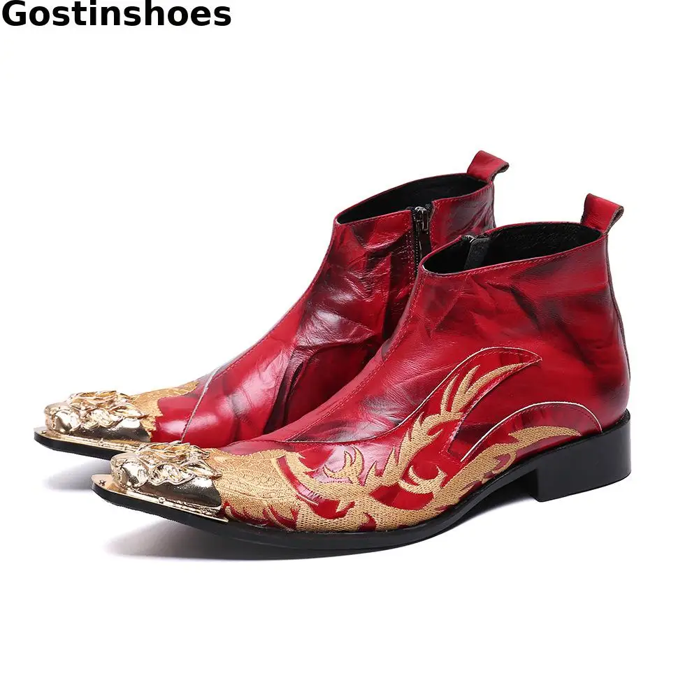 Мужские Ботильоны из натуральной кожи красного цвета с золотой вышивкой мужские