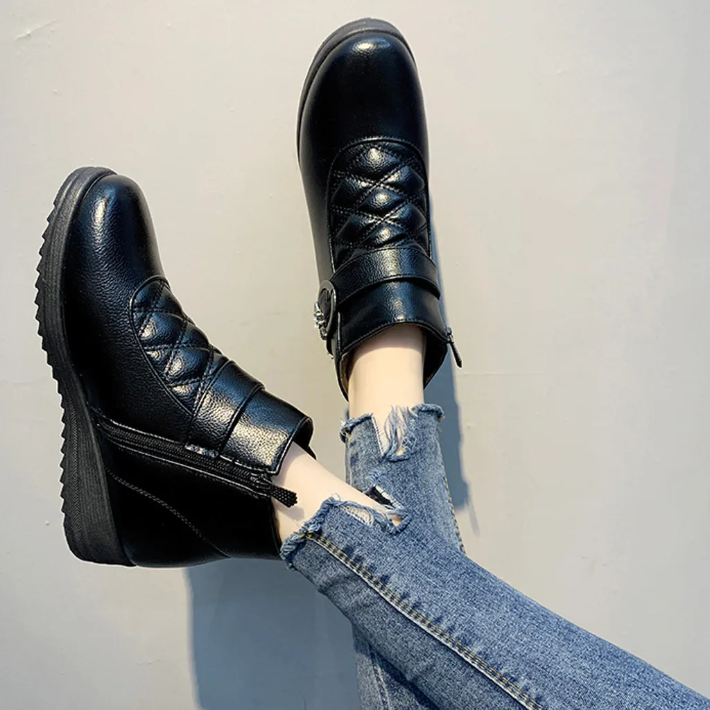 Кожаные Ботинки женская зимняя обувь на платформе Женские теплые Утепленные